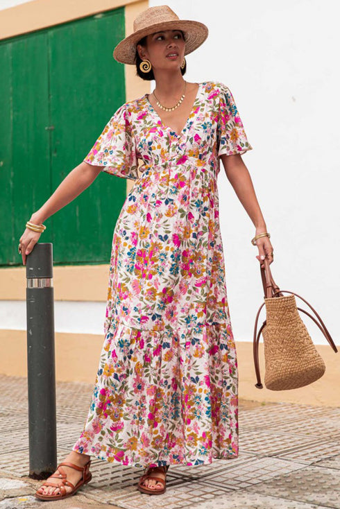 Red Floral Short Sleeve V Neck High Waist Maxi Dress